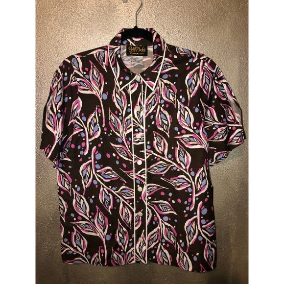 Bob Mackie Wearable Artsy Edgy Leaves Sequin Short Sleeve Button Linen Shirt - Picture 1 of 7